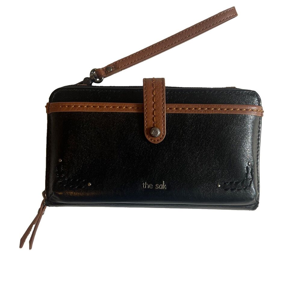 The Sak Iris Large Smartphone Crossbody Black Leather Brown Trim Bag Wallet EUC